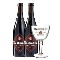 Westmalle Dubbel Bierpakket Cadeau 2 flessen 75cl met Glas
