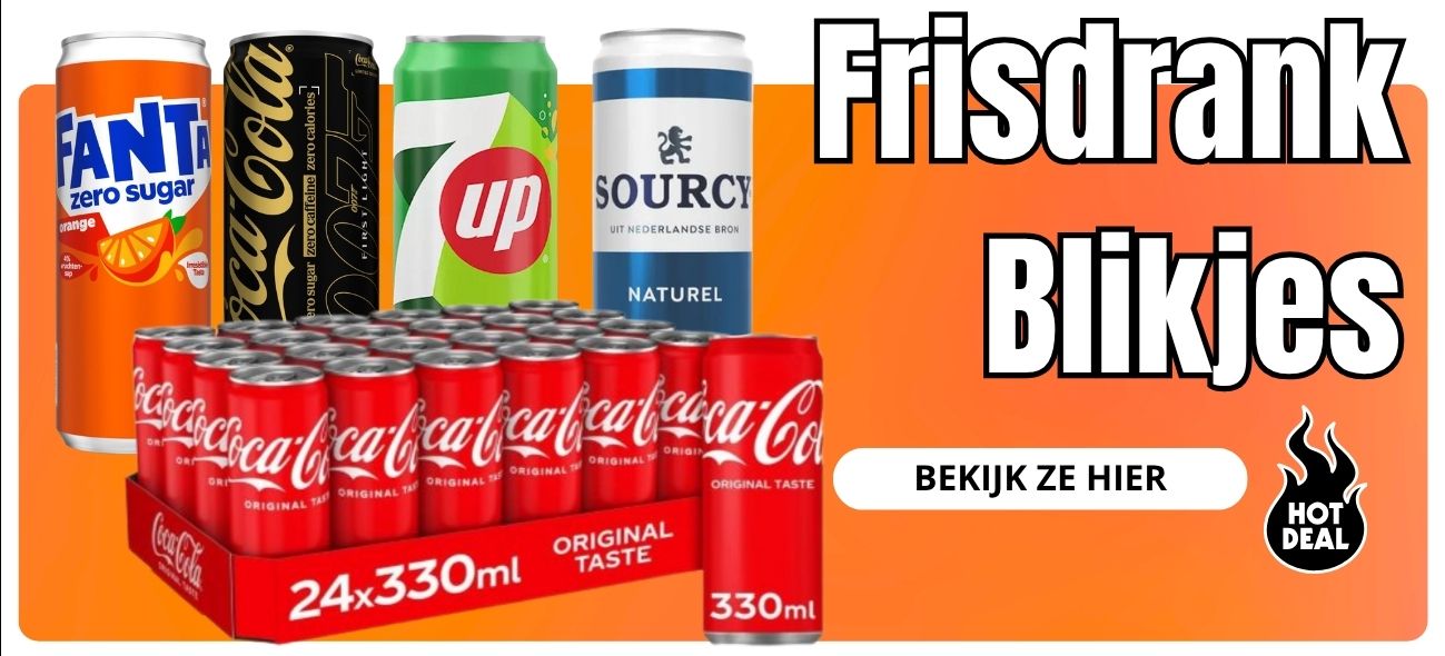 Frisdranken van bekende A-merken in blikjes, flesjes en trays