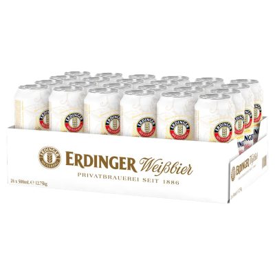 Erdinger Weissbier in fles en 50cl-blik met Erdinger Dunkel, een biervat en originele Weissbierglazen