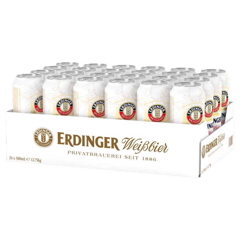 Erdinger Weissbier in fles en 50cl-blik met Erdinger Dunkel, een biervat en originele Weissbierglazen